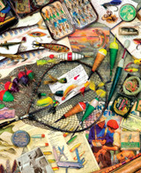  Close up of the Hook, Line, and Sinker puzzle showcasing a table brimming with colorful lures, bobbers, tackle boxes, and charming fishing memorabilia. 
