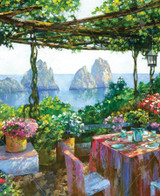  Close up of a picturesque table for two under a leafy pergola, surrounded by vibrant blooms of roses and geraniums. In the background, the Faraglioni rise from Capri’s shimmering waters, all enveloped in the warm glow of a summer afternoon. 
