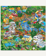  The Getting Away From It All puzzle captures a lively campsite bustling with tents, RVs, and a cast of people and animals enjoying all sorts of playful outdoor adventures. 