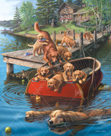  Close-up of Dog Paddle wooden jigsaw puzzle capturing a family of labrador retrievers having a swimming lesson as they stand on a dock or sit in a paddle boat. They watch one of the puppies swim after a tennis ball with their parent swimming right beside them. A family of ducks swim underneath the dock, observing the puppies. 