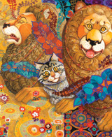  Close up of Pride Of The Jungle wooden jigsaw puzzle, displaying two lions laying down with a house cat in between them. The background is full of decorative patterns, with warm colors on the left and cool colors on the right. Leaves and vines flow throughout the image. 