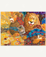  Pride Of The Jungle wooden jigsaw puzzle displays two lions laying down with a house cat in between them. The background is full of decorative patterns, with warm colors on the left and cool colors on the right. Leaves and vines flow throughout the image. 