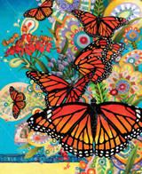  Close-up of Monarch Madness wooden jigsaw puzzle displaying a group of monarch butterflies perched on flowers and fluttering around. Some flowers are decorated with colorful paisley designs that stand out against the bright teal background. 