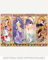  Oriental Gate wooden jigsaw puzzle shows four framed panels, each representing the changing seasons, with four women dressed in traditional Japanese clothing. The lady in the first panel is wearing a red kimono and has red roses blooming around her, a color that signifies autumn. The next panel has a dark blue background representing the cold chill of winter. The third panel of spring is bright with pastel colors and cherry blossoms. The final panel has orange and red hues throughout, signifying the warmth of summer. 