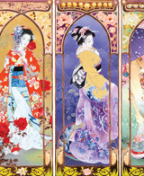  Close-up of Oriental Gate wooden jigsaw puzzle showing two of the four framed panels. The lady in the first panel is wearing a red kimono and has red roses blooming around her, a color that signifies autumn. The next panel has a dark blue background representing the cold chill of winter. 