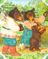  Close up of Beary Picking wooden jigsaw puzzle presenting a family of three bears that are harvesting strawberries. 