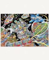  Space Colony wooden jigsaw puzzle presents an outer-space cityscape, where people are driving their spaceships, attending sporting events, visiting the zoo, and participating in other fun activities. 