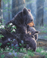  Close up of Bear Hugs wooden jigsaw puzzle showing a heart warming image of a mother black bear comforting her club with a bear hug as they sit aside a tree in the woods of North America. 