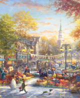  Close up of the Pumpkin Festival wooden jigsaw puzzle, capturing a town square decorated with hay bails, pumpkins, and pennant streamers. People gather in their Halloween costumes to look at the jack-o-lanterns, participate in pumpkin carving, listen to music, watch a man juggle fire on a unicycle, and so much more! 