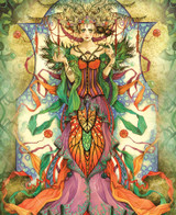  Close up of an enchanting autumn scene featuring a graceful fairy wearing a flowing purple, orange, and green outfit with delicate patterns reminiscent of monarch butterfly wings. Her whimsical crown is crafted from bark, pine, and forest branches, blending her seamlessly with the woodland setting. 