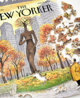  Pieces taken apart of November 19, 2001 wooden jigsaw puzzle featuring a New Yorker cover of an autumn tree standing tall in the center of a city park. The tree's trunk forms the shape of a human's body, with two tree branch arms stretch down to cover its modesty. A man looks up at the tree as he walks his dog through the park. 