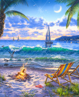  Close up of Moments In The Sand wooden jigsaw puzzle revealing two beach chairs set up by a campfire on the beach as waves crash along the shore. Palm trees frame each side of the image that looks out towards the ocean. Three sail boats float in the calm water as the sun sets with the moon and stars glowing above. 