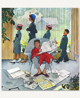  Sunday Morning wooden jigsaw puzzle shows a man hidden in his chair, reading a newspaper and smoking a cigarette, while his wife and children pass by on their way to church. 