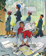  Close up of Sunday Morning wooden jigsaw puzzle showing a man hidden in his chair, reading a newspaper and smoking a cigarette, while his wife and children pass by on their way to church. 
