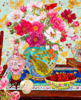  Close up of Heart’s Desire wooden jigsaw puzzle displaying a Japanese-inspired tabletop scene with colorful flowers, decorative vases, fine china, and a bowl of cherries glowing in soft sunlight. 