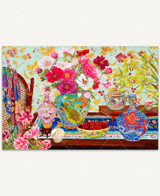  Heart’s Desire wooden jigsaw puzzle displays a Japanese-inspired tabletop scene with colorful flowers, decorative vases, fine china, and a bowl of cherries glowing in soft sunlight. 