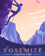  Close up of Vintage-style Yosemite National Park poster showing a man rock climbing up a towering mountain above a forest of pine trees. 