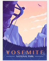  Vintage-style Yosemite National Park poster showing a man rock climbing up a towering mountain above a forest of pine trees. An eagle flies through a pastel sunset sky overhead, while bold “Yosemite National Park” lettering appears at the bottom of the image. 
