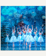  Snowflake Dance wooden jigsaw puzzle displays a group of ballerinas dancing on stage, all in the revelé position. Blue snowflakes fall all around the dancers. 