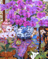  Close up of Orchid Splendor wooden jigsaw puzzle revealing an Asian-inspired scene featuring decorative vases with dragons, flowers, and temples, set against a vibrant backdrop with Phalaenopsis orchids at the center. 