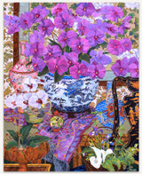  Orchid Splendor wooden jigsaw puzzle reveals an Asian-inspired scene featuring decorative vases with dragons, flowers, and temples, set against a vibrant backdrop with Phalaenopsis orchids at the center. 