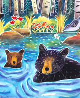  Close-up of Cooling Off Time wooden jigsaw puzzle uncovering a mother bear and her two cubs going for a swim. A forest full of pine and birch trees are in the background, with red flowers and vegetation around the perimeter of the water. 