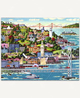  Colorful folk-art painting of San Francisco featuring iconic bridges, classic cars, ferries cruising across the bay, a historic paddle-wheel ship along the waterfront, and steep hills filled with charming Victorian homes, winding roads, and vibrant city life. 