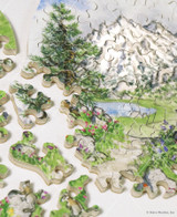  Pieces taken apart of Natural High wooden jigsaw puzzle capturing a mountain scene with flowers blossoming near a walking path as small animals enjoy the spring weather. 