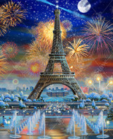  Close-up of Eiffel Tower Celebration wooden jigsaw puzzle displaying a winter scene of the Eiffel Tower surrounded by snow-covered trees and icy water displays. Cars drive by on the busy streets as fireworks light up the night sky to celebrate New Year's Eve. 