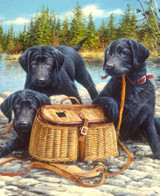  Close up of Gone Fishin' wooden jigsaw puzzle revealing three black labrador retriever puppies sitting by a river on the rocky shore, surrounding a basket that is used for fishing. One playful puppy has the basket's strap in its mouth. 