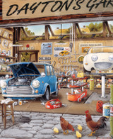  Close-up of Dayton's Garage wooden jigsaw puzzle featuring a quaint garage where two cars are being worked on for repairs. To the left, a blue car has its hood open with a tool box and tools scattered on the ground. On the right side, another car is lifted up in the air with a three tiered tool cart next to it. The garage is full of car parts and different signs on the walls. 