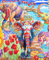  Close-up of Pachyderm Paradise wooden jigsaw puzzle unveiling a watering hole where a herd of elephants gather – each decorated with bright designs on their bodies. One elephant and her calf stand in the water as she uses her trunk to splash water onto her head. The other elephants stand on the shore, encompassed by a variety of flowers. 