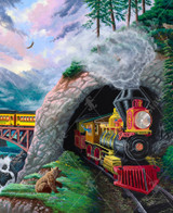  Steam engine coming out of a tunnel in a mountain landscape while a bear looks on as it passes by. 