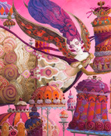  Close up of Divine Catering wooden jigsaw puzzle featuring an angel flying in the air, who is wearing a very intricate gown that is decorated similar to the baked goods that she is putting on stands for display all around her. Cakes and cupcakes iced in pink, purple, and orange frosting match the colors of pink background and the angel's purple hair. 