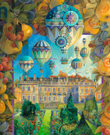 Close up of Soaring Over England wooden jigsaw puzzle, capturing the view of a castle from the backyard garden full of lush vegetation, as hot air balloons fly over head. 
