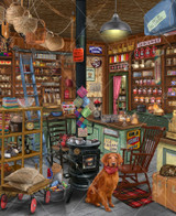  Close up of General Merchandise wooden jigsaw puzzle displaying an old time country store with shelves on the back walls full of dishes, spices, candy, and more. The center of the store has a counters with more merchandise on the shelves and a wood stove fireplace, where an inviting rocking chair and dog sit beside it. Baskets, luggage, and lights hang from the store's ceiling. 