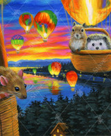  close up of handcrafted wooden jigsaw puzzle of a cat and his small animal friends floating above a lake at sunset in a couple hot air balloons while other hot air balloons floating behind them. 