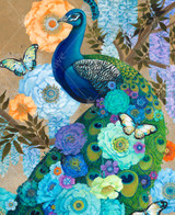  Close up of handcrafted wooden jigsaw puzzle of a vibrant peacock sitting on a branch surrounded by flowers and blossoms. 