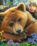  Close-up of Little Bear's Morning wooden jigsaw puzzle uncovering a curious little bear cub lying inside a hollow log as he watches nature around him. The bear cub has some company as a snail and chipmunk sit on the edge of the log as they watch butterflies, a ladybug, and bumblebee go about their day. 