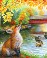  Close-up of Autumn For Little Fox wooden jigsaw puzzle introducing an autumn scene by a river, where a little fox cub is sitting and enjoying the company of monarch butterflies. One butterfly lands on his nose while a family of ducks obverse the scene from the water. A bright red cover bridge stretches across the river adding to the scenic autumn view. 