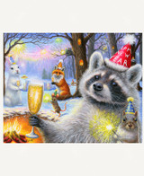  New Year In The Forest wooden jigsaw puzzle presents a group of animals- rabbit, raccoon, fox, mouse, and squirrels- getting ready to celebrate the new year as they toast with champagne, party hats, hold sparklers, and enjoy fireworks displayed over an icy river in the forest. 