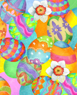  Close up of Tossed Eggs wooden jigsaw puzzle featuring vibrant pile of Easter eggs, all with different colors and patterns. Three daffodils are scattered on top of the eggs, adding to the spring feel. 