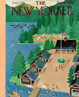  Close-up of August 4, 1951 wooden jigsaw puzzle showcasing a New Yorker cover with a birds eye view of a summer camp by the lake. Children participate in different activities throughout the camp, including canoeing, playing tennis, swimming, and adventuring into the woods with their camp counselors. In the center of the image is a flag surrounded by cabins with towering pine trees filling the background. 