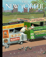  Close-up of April 9, 2018 wooden jigsaw puzzle showcasing a New Yorker cover of two food carts parked next to each other in a city park. One cart displays greasy foods like hamburgers and french fries, while the other sells healthy kale snacks. The two people working are trading food from their carts with each other. Pigeons enjoy food scraps on the sidewalk in front of the food carts. 