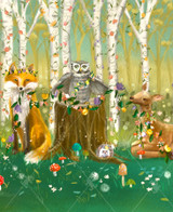  Close-up of Wild Delights wooden jigsaw puzzle capturing a rabbit, fox, owl, deer, and hedgehog gathering together in the woods to decorate the birch trees with flowers for the spring season. The animals sit around a log as they hold onto a vine of flowers. 