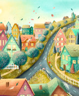  Close up of Spring Is In The Air wooden jigsaw puzzle manifests a sweet little town full of colorful houses, where two roads come together as they lead up a hill. Trees blossom and flowers sprout as spring is finally here. 