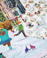  Pieces taken apart of Rockefeller Skate Party wooden jigsaw puzzle showcasing a group of animals dressed in their winter clothing as they skate around the ice rink at Rockefeller Center. A bear twirls in the center of the ice as other animals skate around it. In the background, a bright christmas tree lights up the space and city buildings stretch upwards to the sky. 