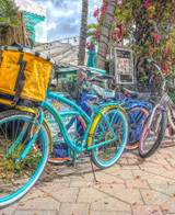  Close-up of Bicycles At The Bakery wooden jigsaw puzzle showing a group of bikes parked on a pathway next to the entrance of a bakery. Tropical trees and plants block the view of the bakery and other buildings. 