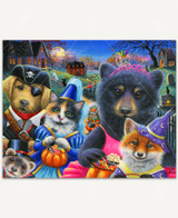  Spooky Night Fun wooden jigsaw puzzle brings the spirit of Halloween alive with a group of animals dressed up in their Halloween costumes, as they carry around their jack-o-lantern buckets full of candy. In the background, a path leads other trick-or-treaters to bright houses, with a cemetery on the left side of the artwork. 