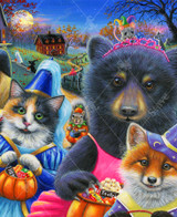  Close up of Spooky Night Fun wooden jigsaw puzzle, bringing the spirit of Halloween alive with a group of animals dressed up in their Halloween costumes, as they carry around their jack-o-lantern buckets full of candy. 